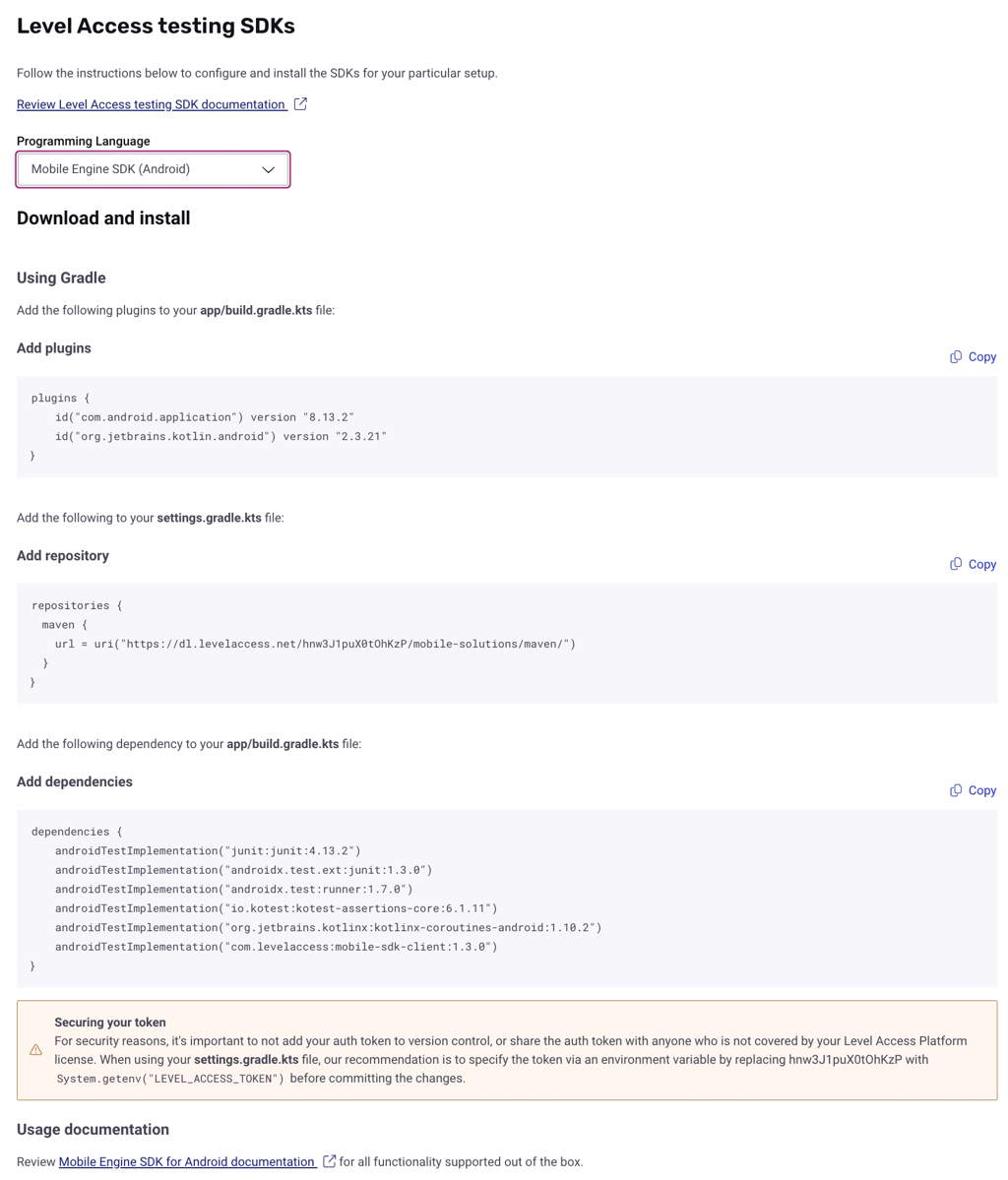 Screenshot of the SDKs page with instructions and code examples for SDK configuration and installation.