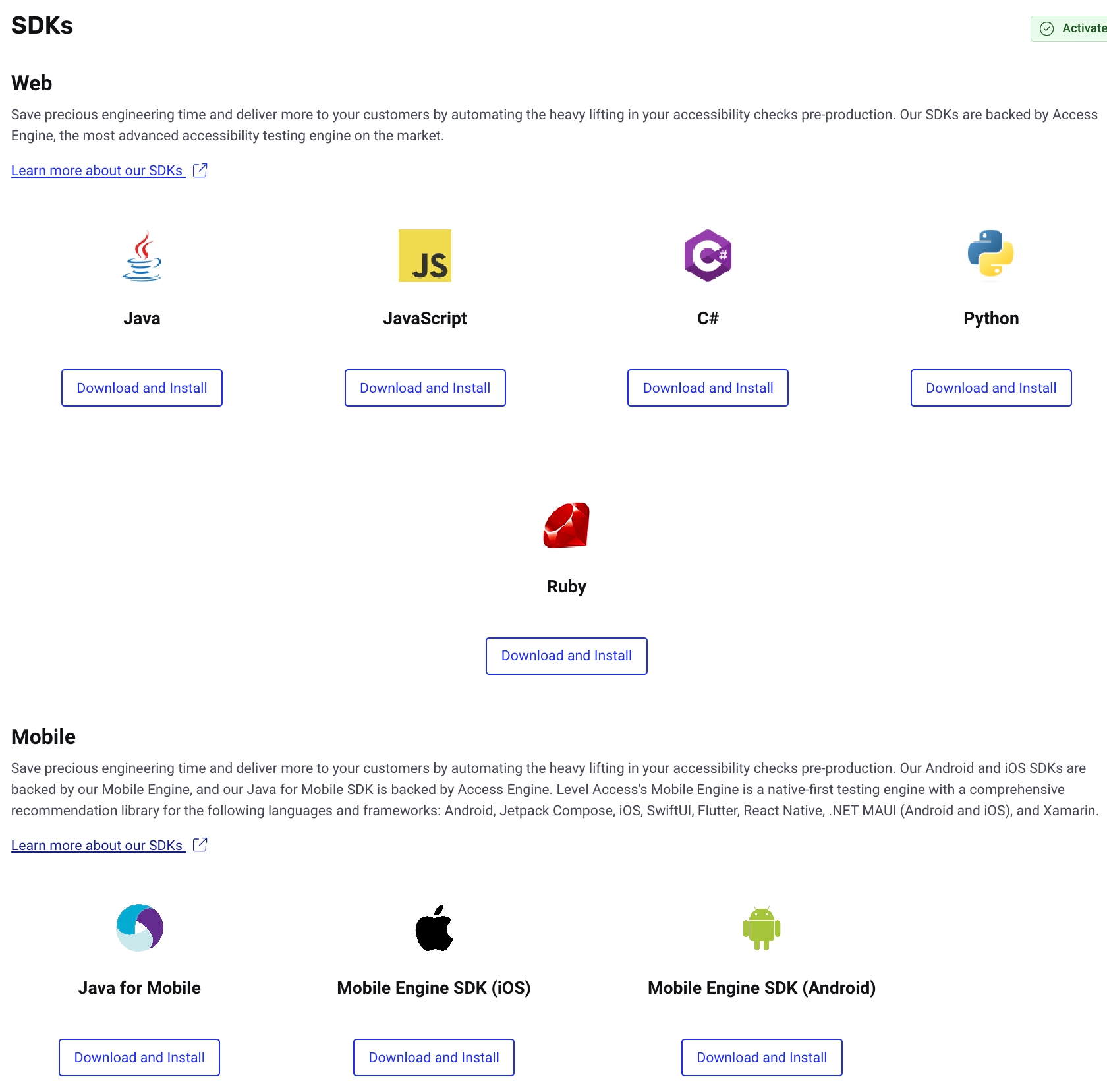 Screenshot of the SDKs page in the platform, displaying the web and mobile sections with downloadable options.