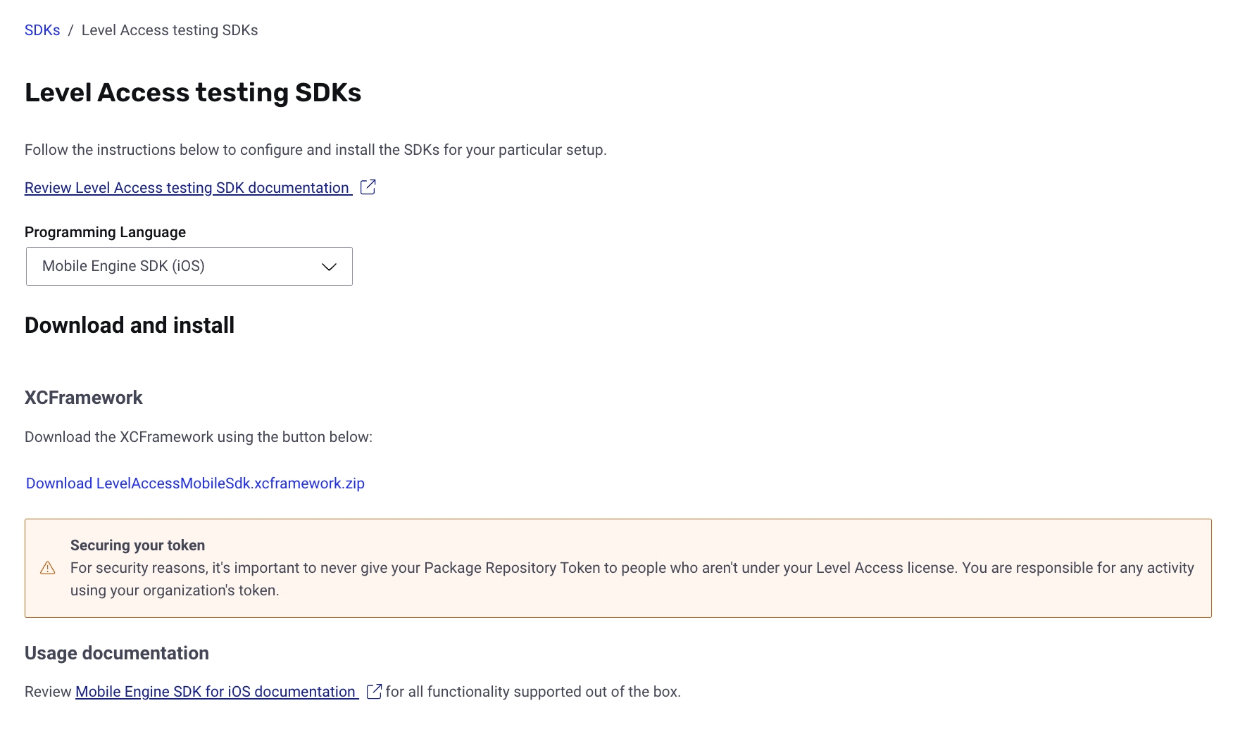 Screenshot of the SDKs page with instructions and code examples for SDK configuration and installation.