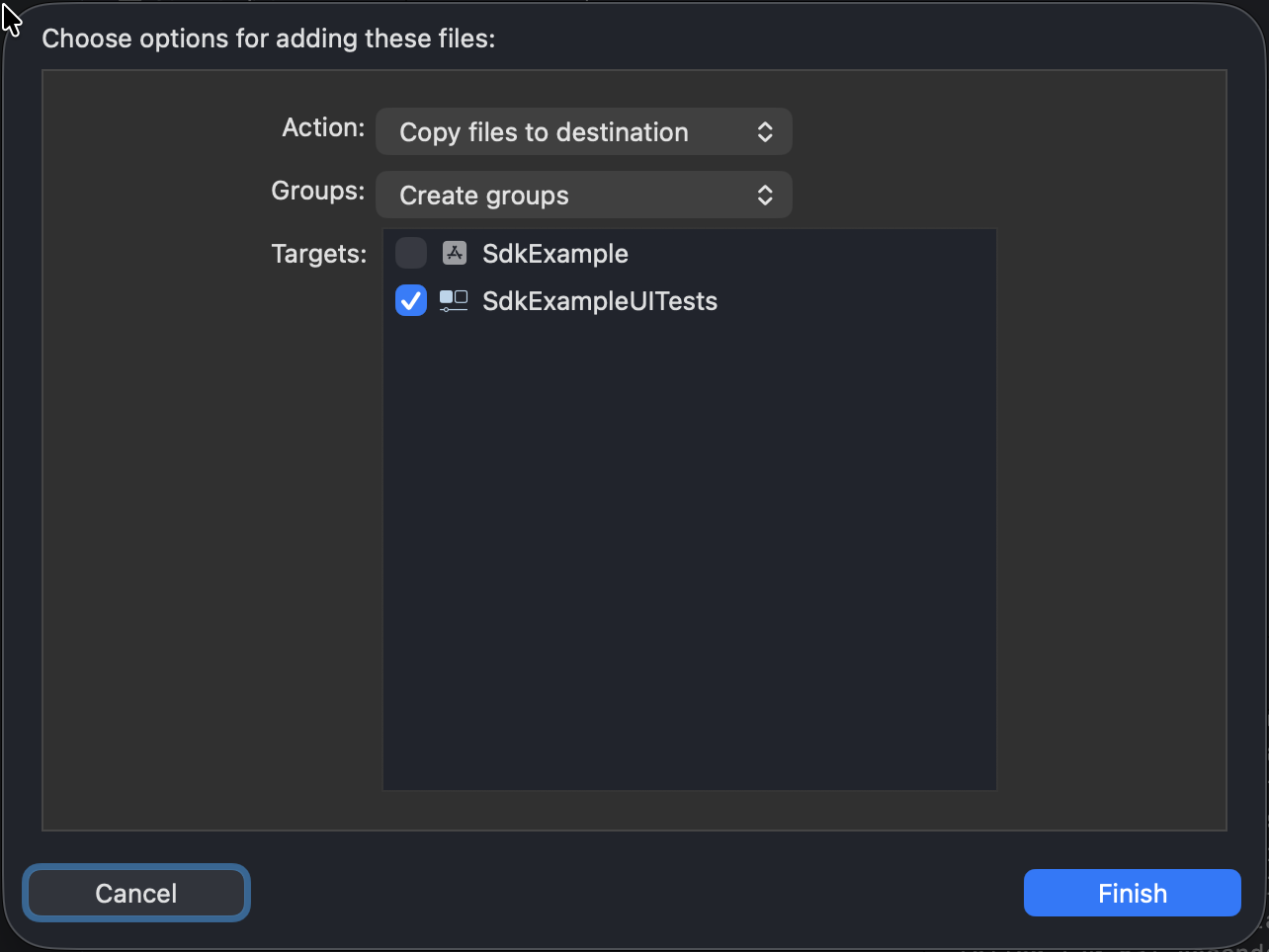 Project destination folder. displays action, groups, and targets for the SDK folders.