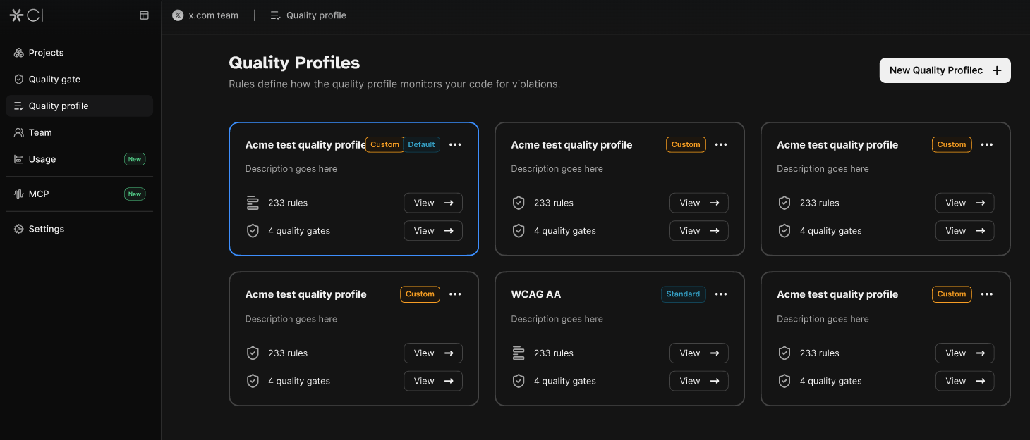 Quality Profiles page showing standard and custom profiles, with one profile marked as the default.