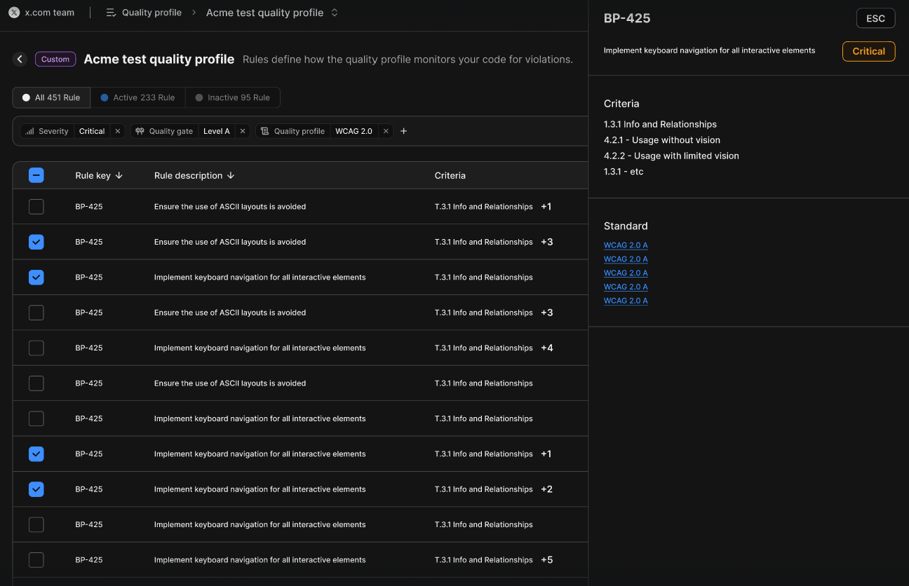 Editable custom Quality Profile view showing filters and selected rules.