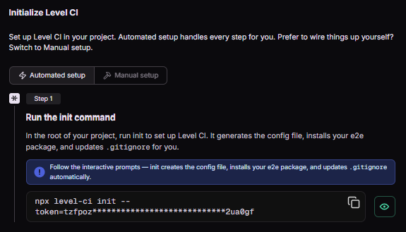 Screenshot of the initialize Level CI setup screen displaying the setup steps to run an automated setup.